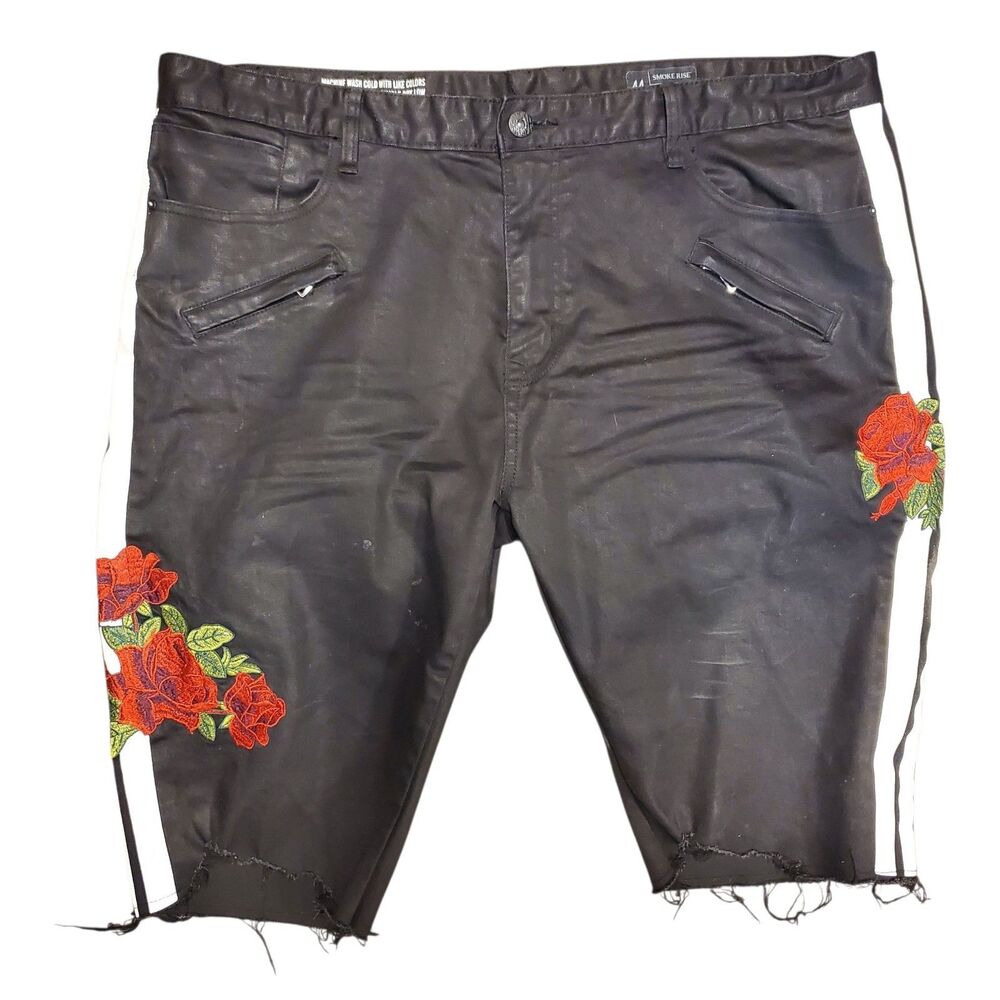 SMOKE RISE Shorts Mens 44 Black Striped Embroidered Roses Cut Off Frayed Denim